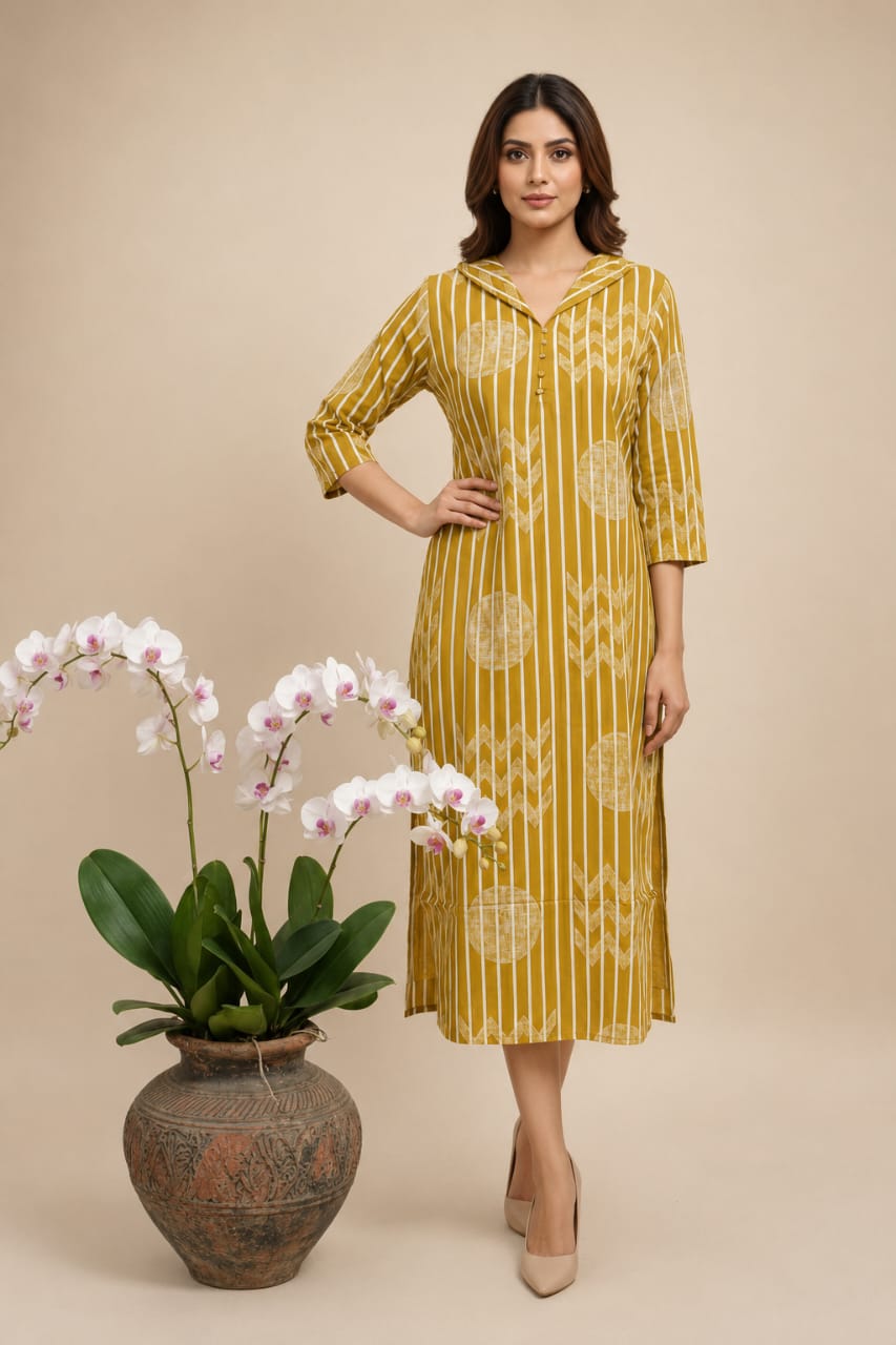 Model wearing a mustard yellow striped printed collared kurta dress with three-quarter sleeves