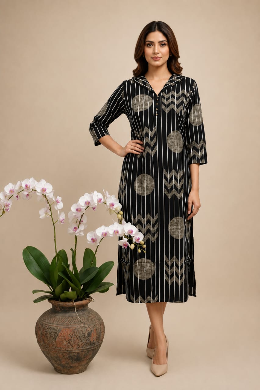 Model wearing a black striped printed collared kurta dress with gold circular motifs and three-quarter sleeves