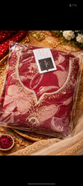 Maroon kurta with floral thread embroidery and embellished beaded neckline
