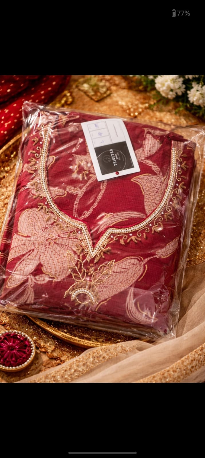 Maroon kurta with floral thread embroidery and embellished beaded neckline