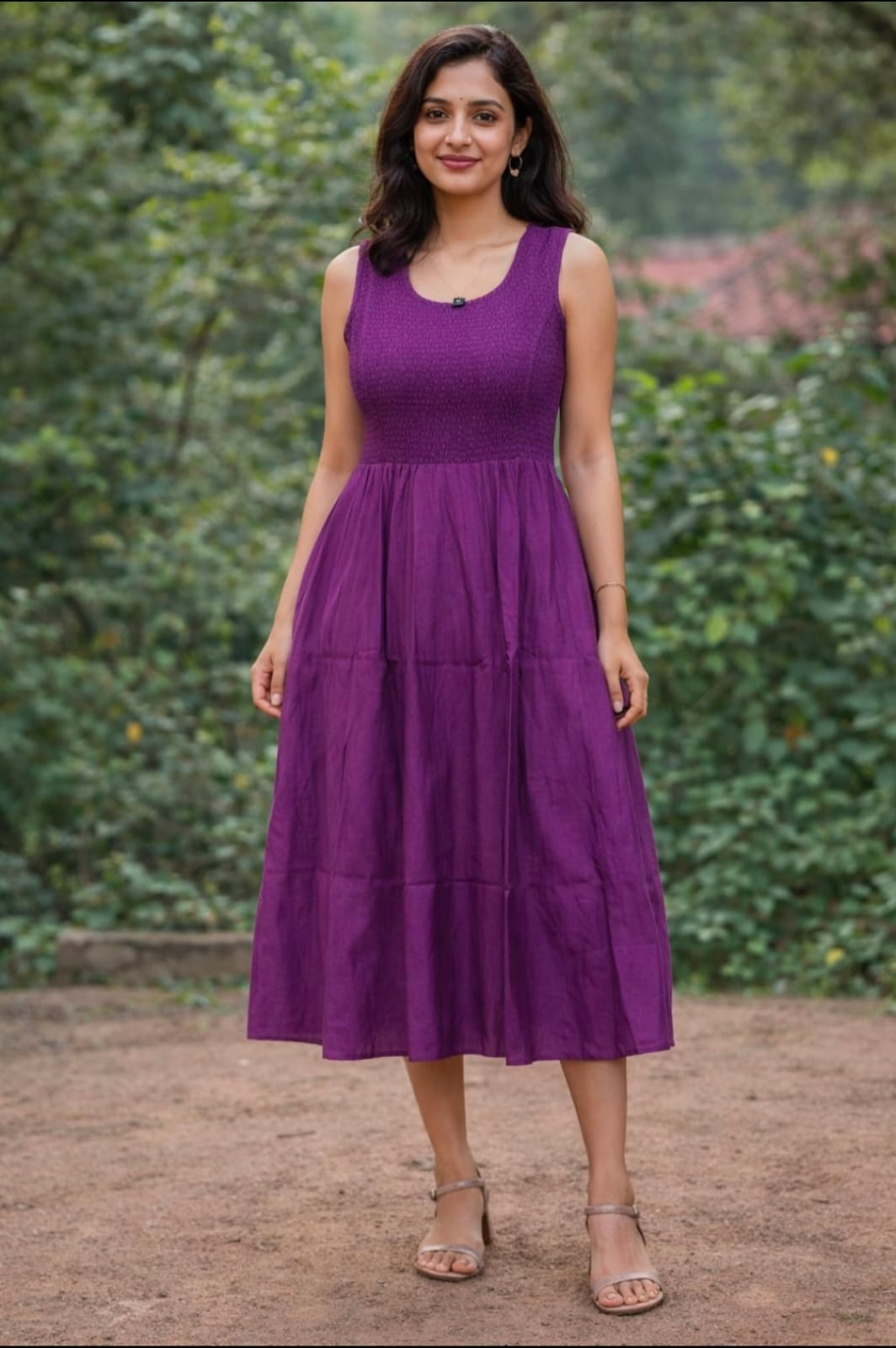 Elegant Sleeveless(sleeves attached inside) Smocked Cotton Midi Dress – Purple